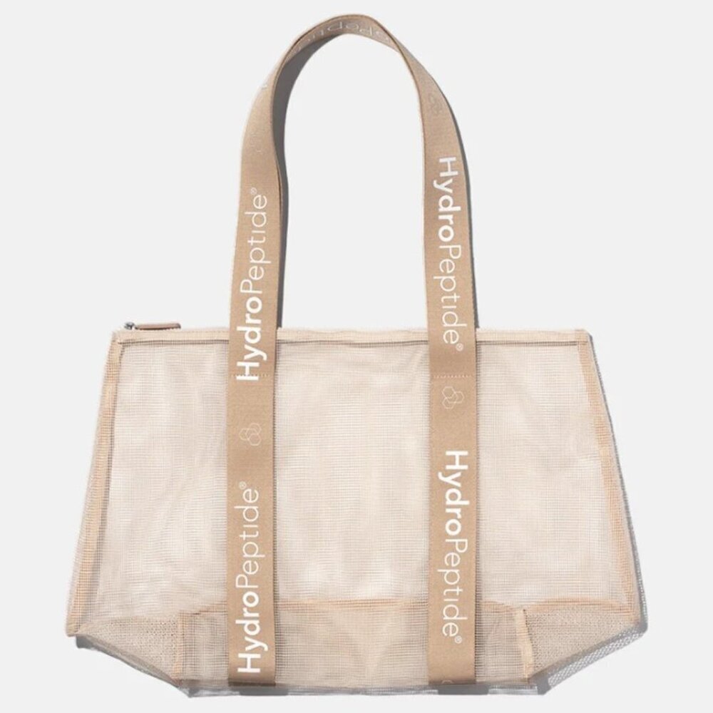 HYDROPEPTIDE Beige/Tan Lightweight Zippered Mesh Tote Beach/Gym/Carry-all Bag